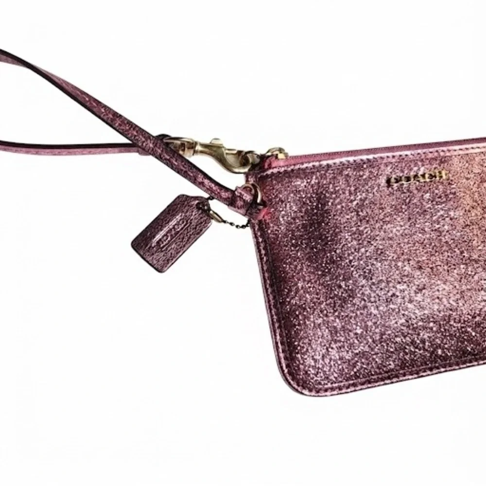 Coach Pink Glitter Wristlet‎ Gold Tone Hardware Zip Top Pouch with Card Slots